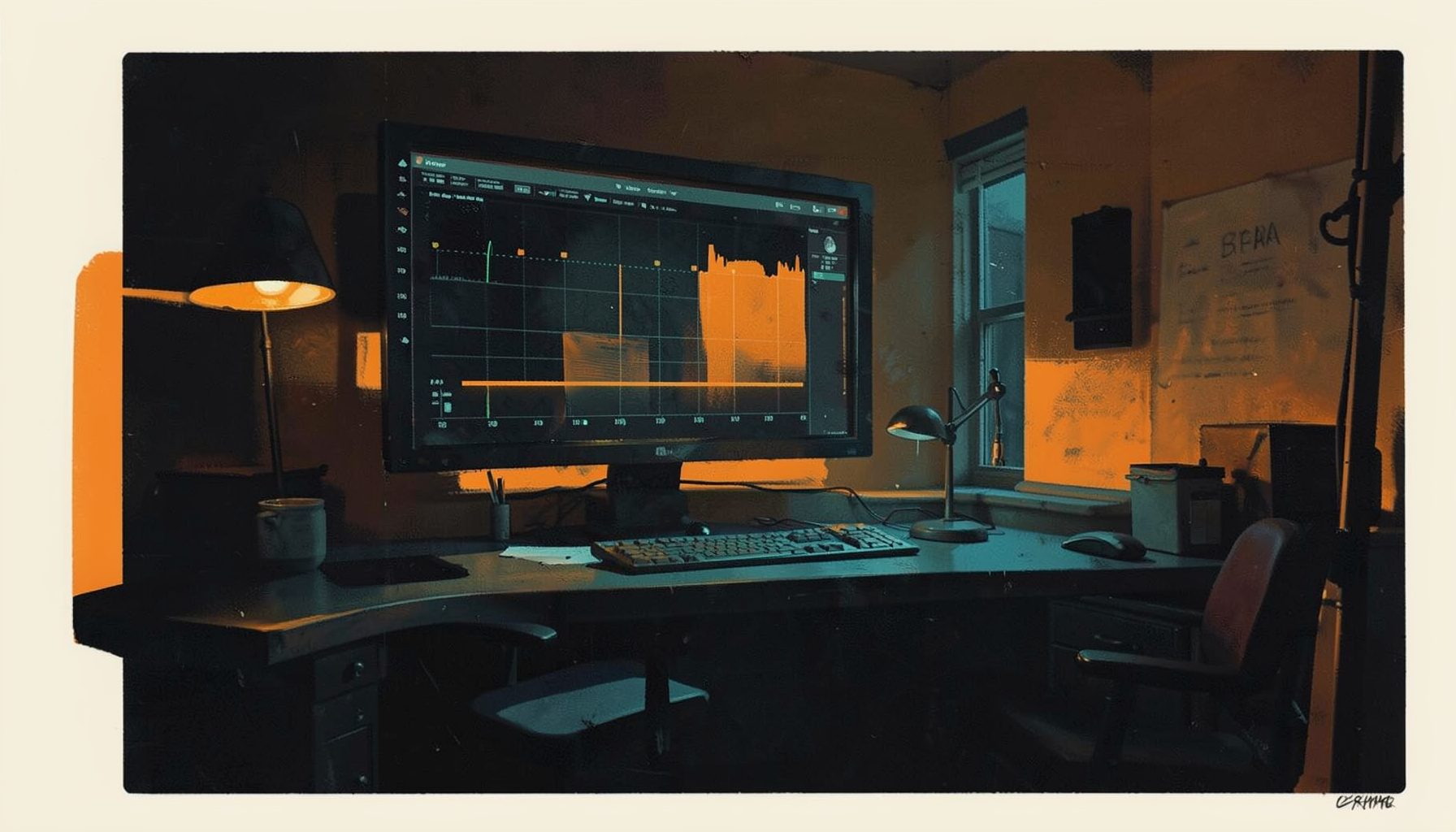 A matte gouache poster painting of a dark editing workspace with a glowing timeline and soft teal and orange accents, moody and cinematic