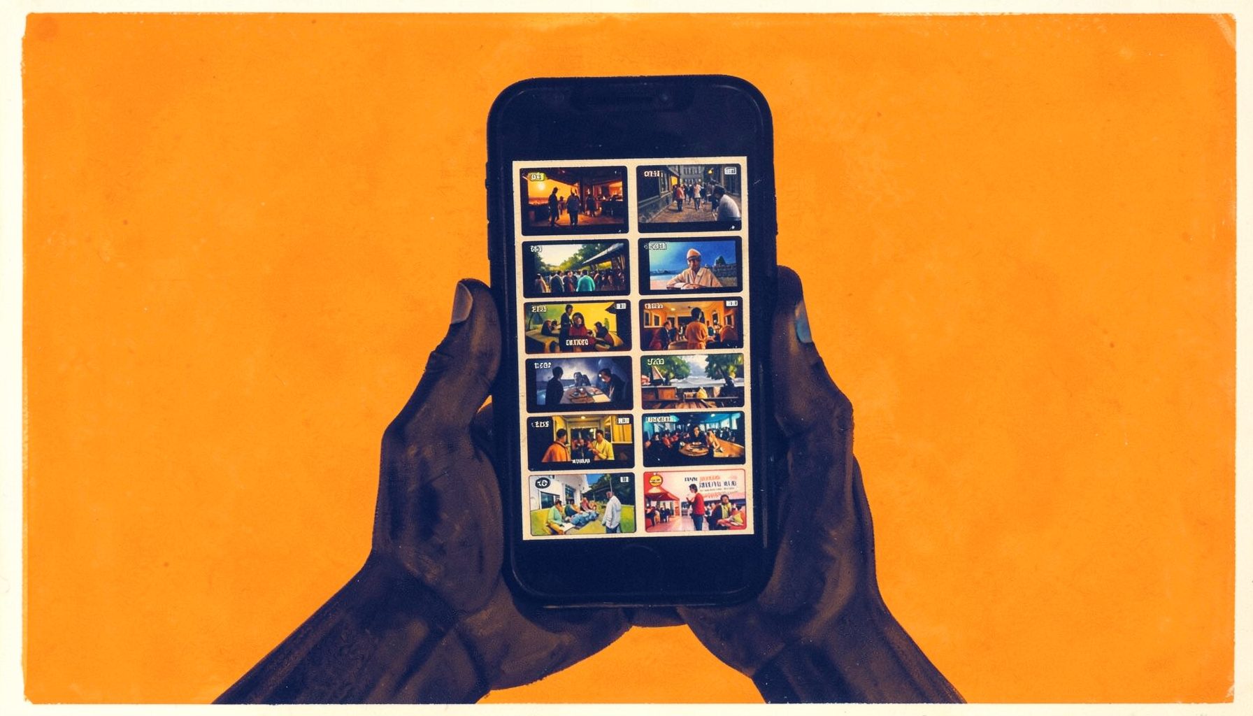 Matte gouache poster of a hand holding a phone with colorful video clip thumbnails arranged in a grid, in warm amber and deep navy tones