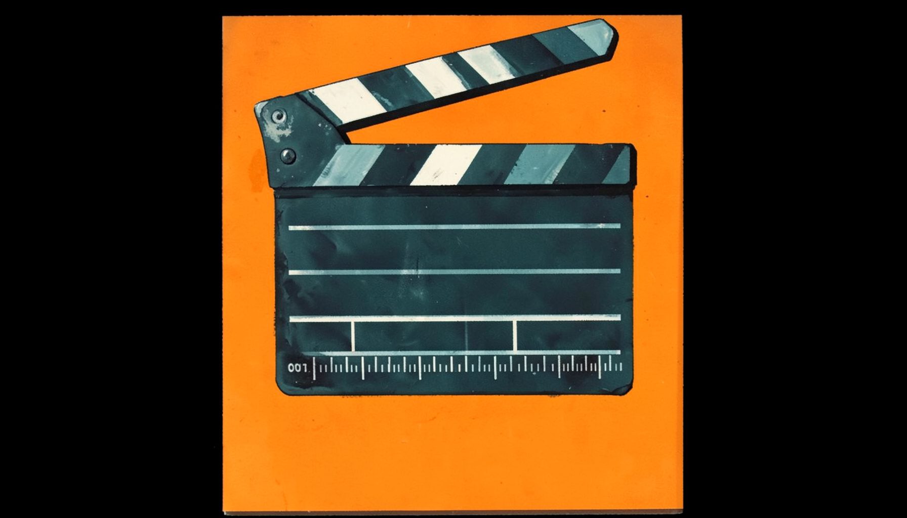 Dark matte gouache poster of a film clapperboard and editing timeline strips in deep teal and charcoal tones against a black background