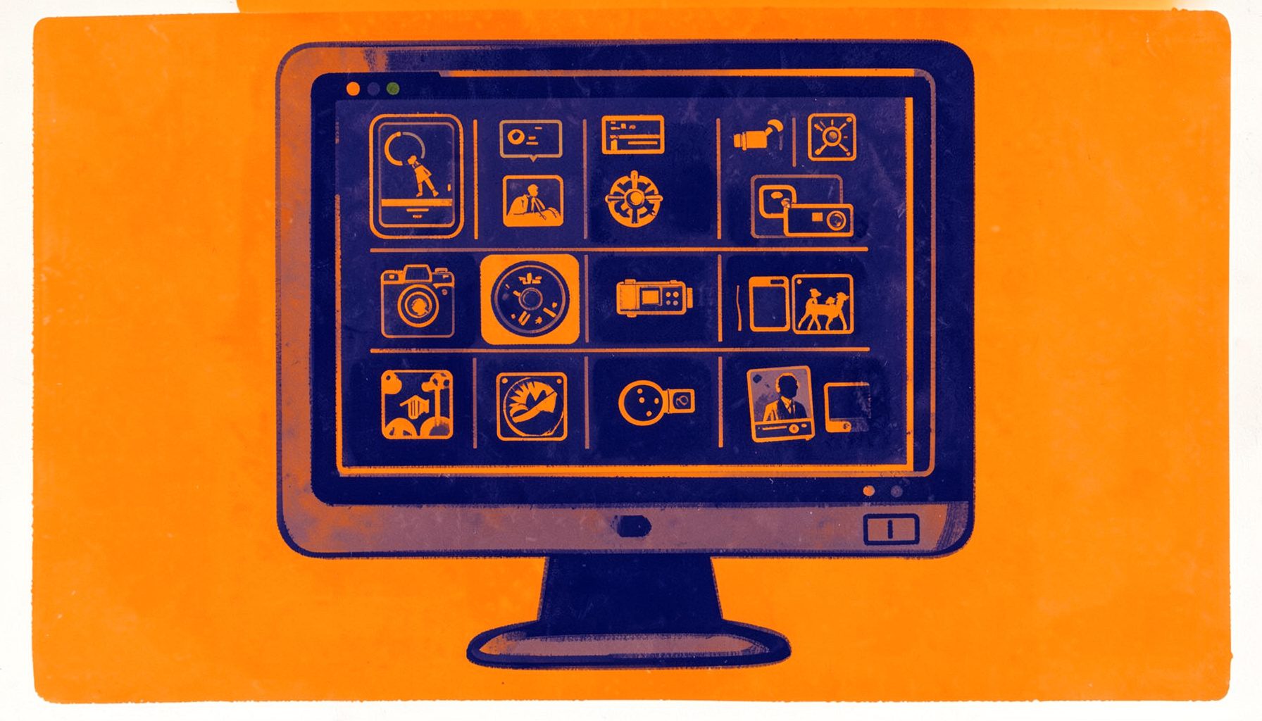 Matte gouache poster of a desktop monitor displaying multiple video editing software icons in a grid, rendered in deep indigo and orange accent tones