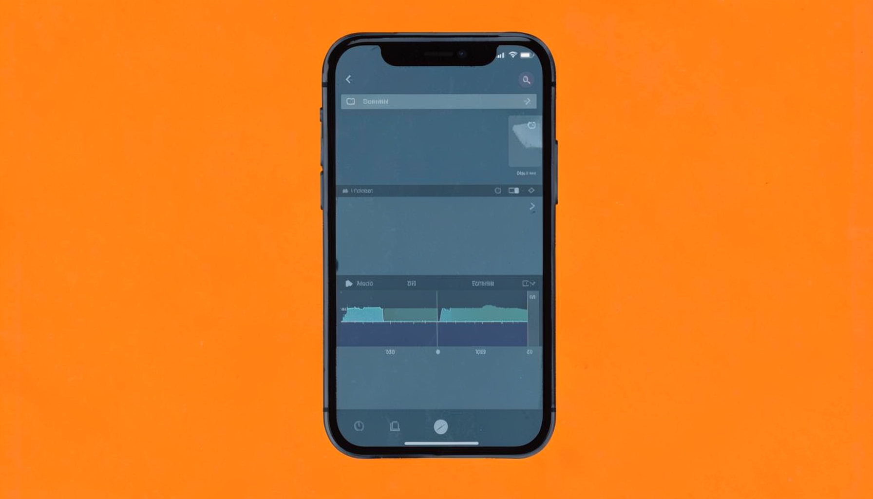Matte gouache poster of a smartphone screen showing a video editing timeline interface in cool slate blue and dark gray tones