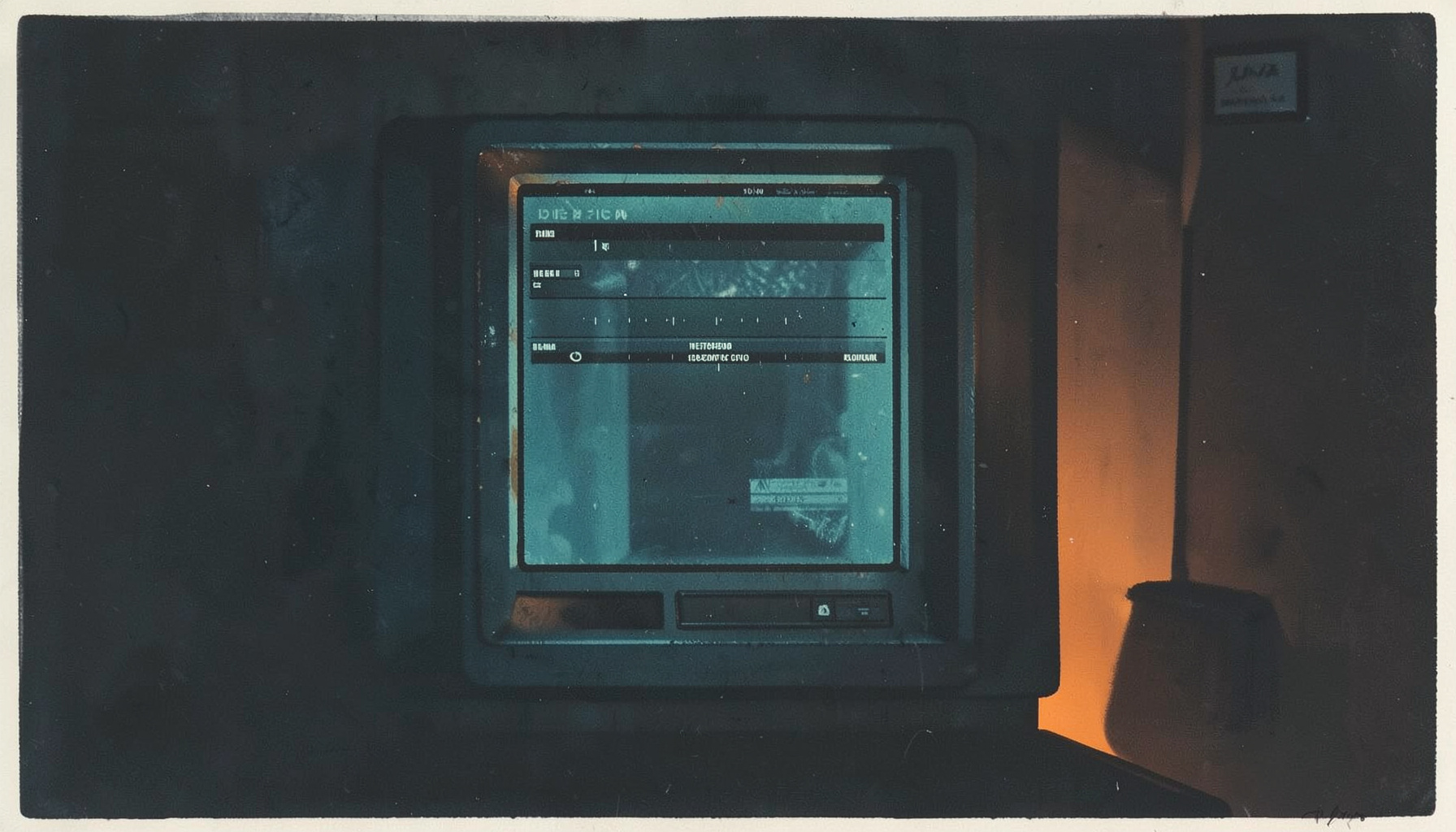 Dark atmospheric matte gouache poster of a glowing terminal window with video timeline strips, deep teal and charcoal tones