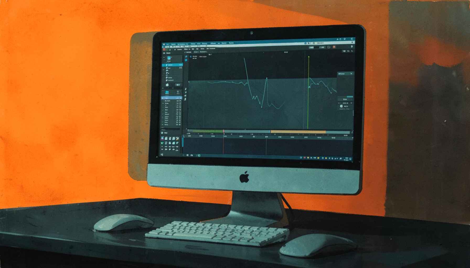 Dark atmospheric poster painting of a sleek Mac desktop setup with a large display showing a video editing timeline, cool teal and deep charcoal tones, matte gouache style